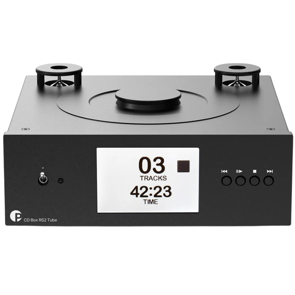 Pro-Ject CD Box RS2 Tube CD player with sleek design and digital display, showcasing high-quality audio performance.