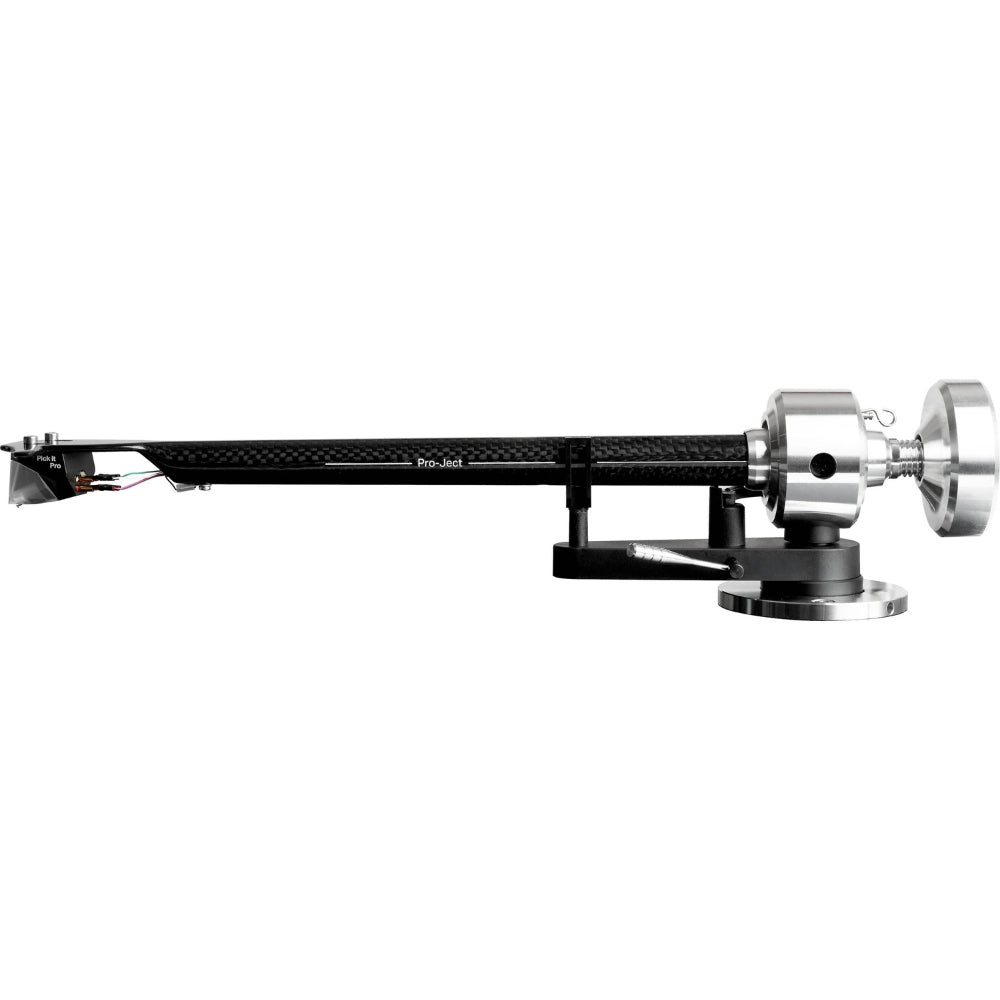 Pro-Ject Debut Reference 10 manual turntable with sleek black finish and tonearm, showcasing high-quality audio equipment.