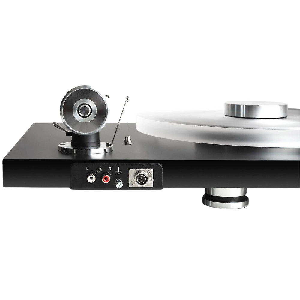 Pro-Ject Debut Reference 10 manual turntable with sleek black finish and tonearm, showcasing its high-quality audio design.