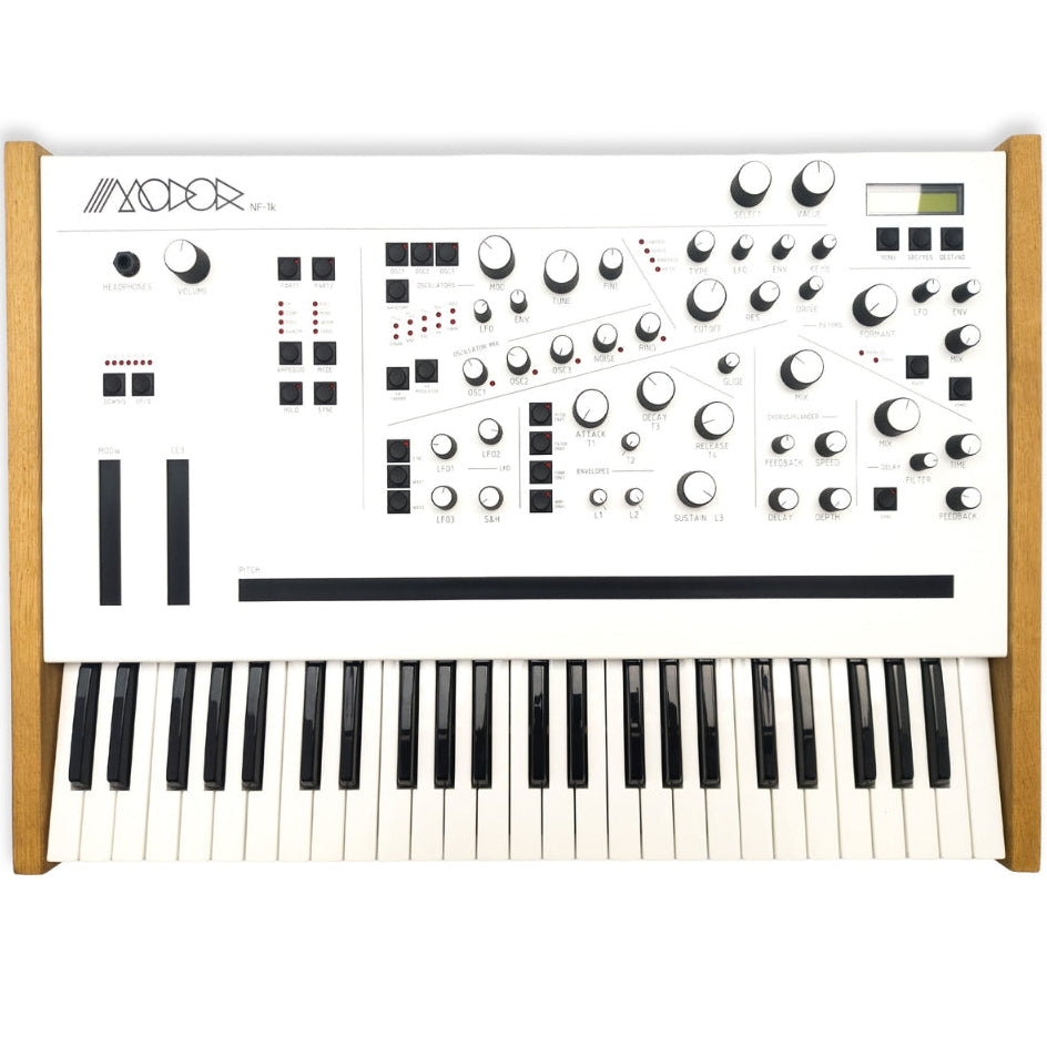 Modor NF-1k keyboard synthesizer with control knobs, keys, and display screen showing on a black background.