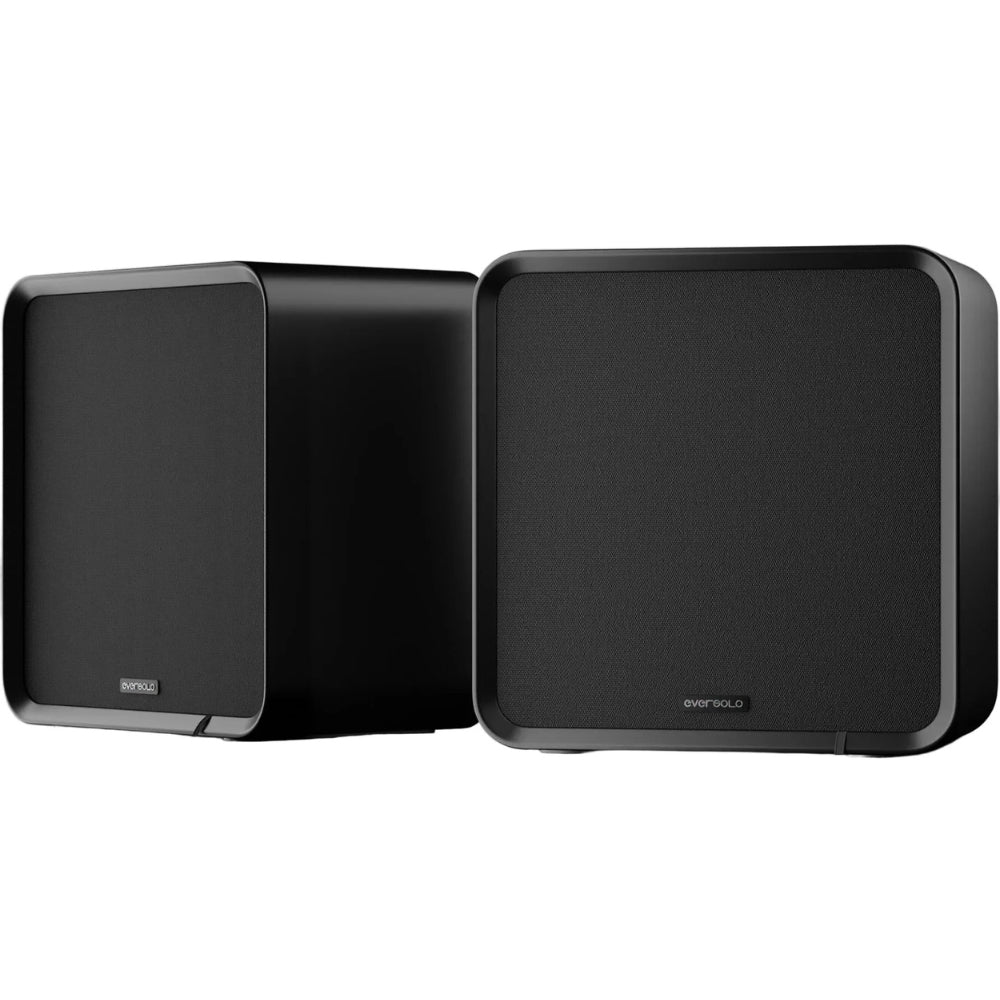 Eversolo SE100 passive bookshelf speakers with black finish, showing two compact speakers with front grille and connection terminals