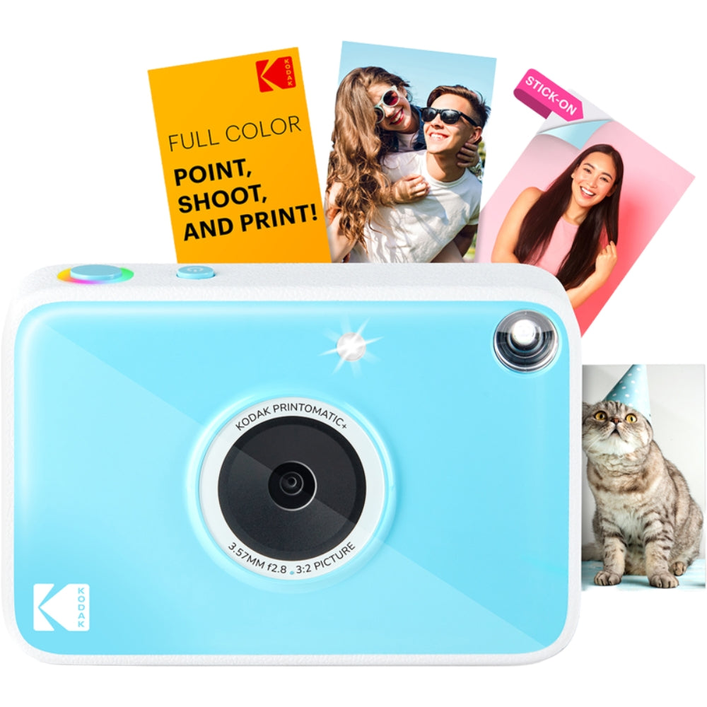 Kodak Printomatic+ instant compact camera with colorful design and lens, ready for printing photos on the go.