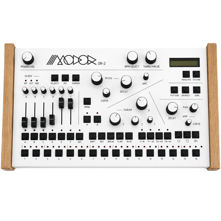 Modor DR-2 drum machine and sampler with control knobs and display, designed for electronic music production.