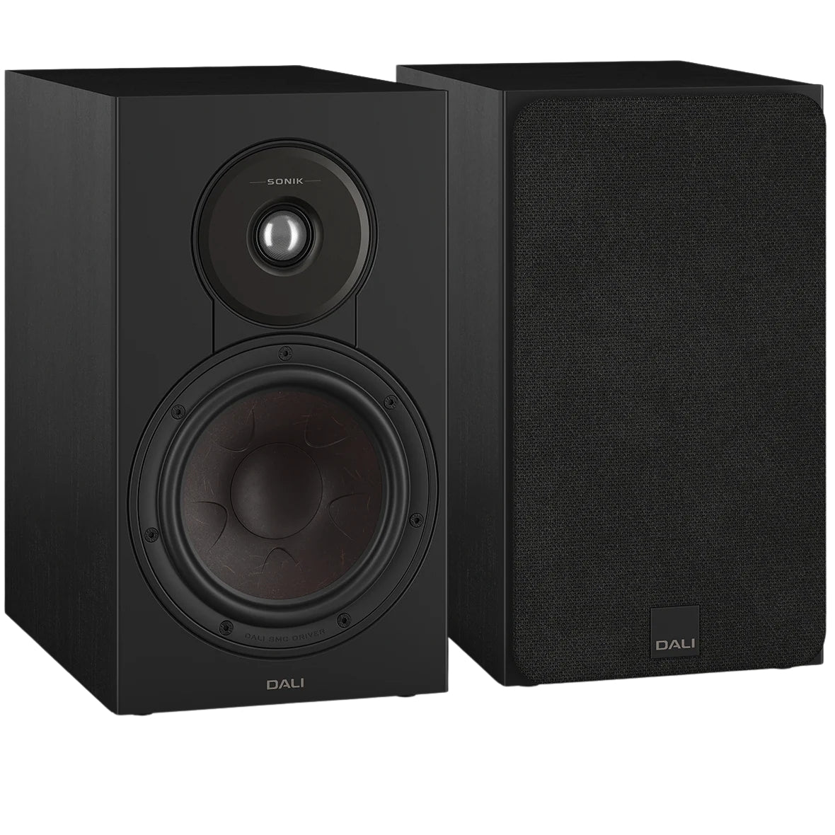 DALI Sonik 3 passive bookshelf speakers shown with black enclosures and drivers, ideal for compact home audio setups.