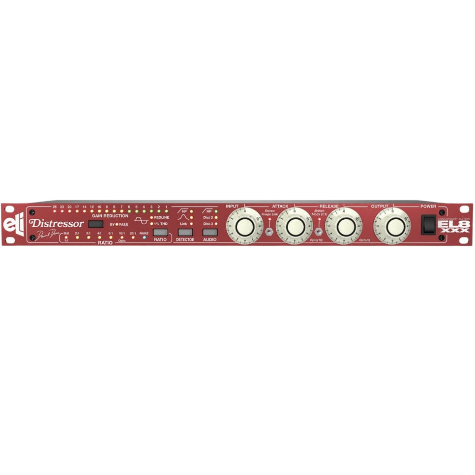 Empirical Labs Distressor EL8-XXX 30th Anniversary Edition signal processor with control knobs and vintage design on front panel.