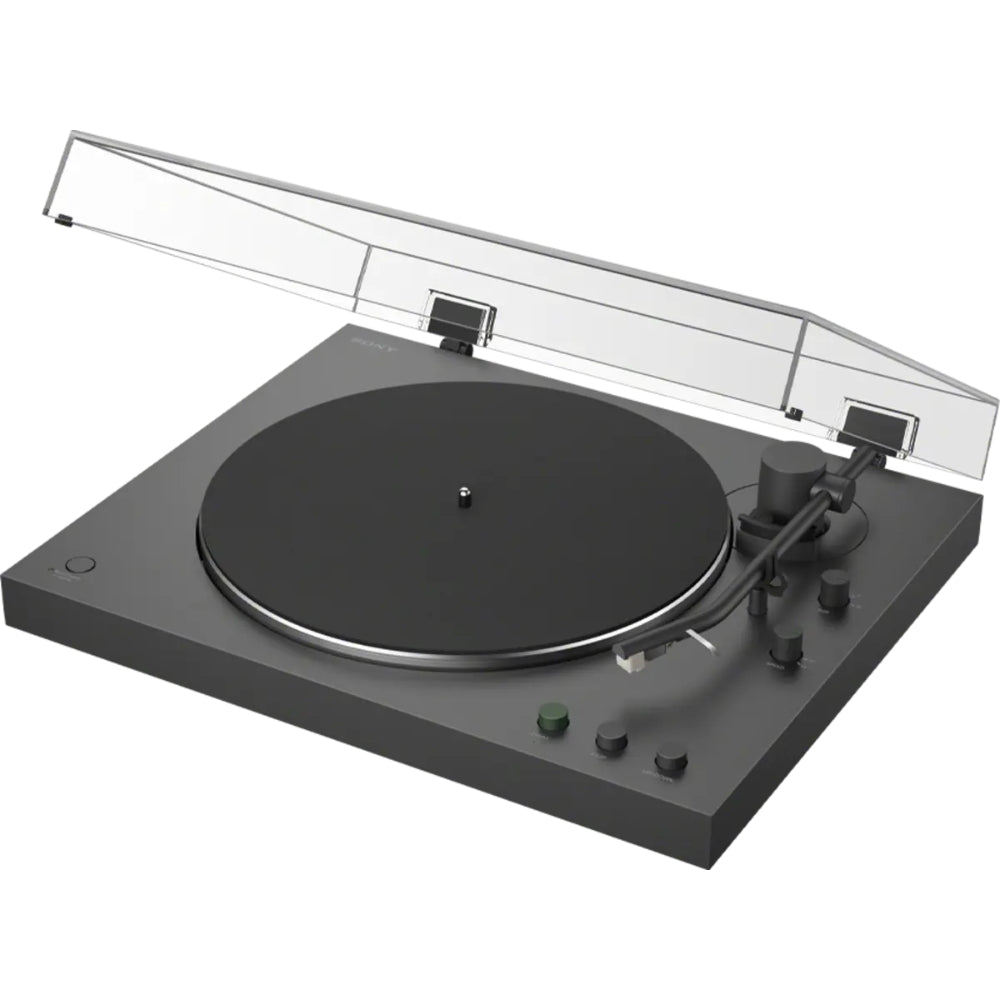 Sony PS-LX3BT turntable with black finish, featuring a sleek design and built-in Bluetooth for wireless audio streaming.