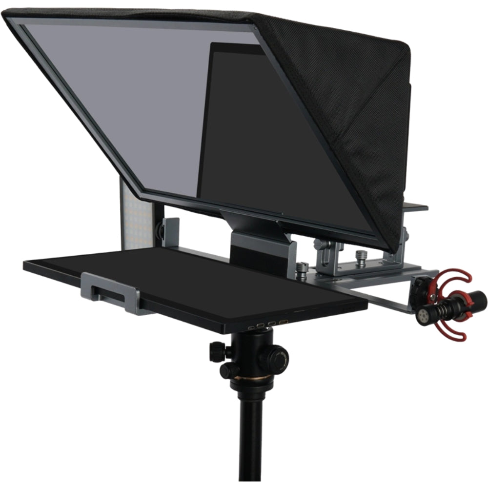 Feelworld TP16 teleprompter with adjustable glass and mounting accessories for smooth speech delivery and professional video recording.