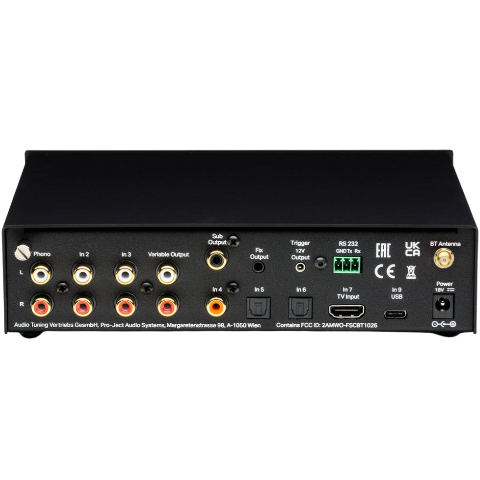 Pro-Ject Pre Box S3 stereo amplifier with control knobs and input ports, showcasing a sleek black design.