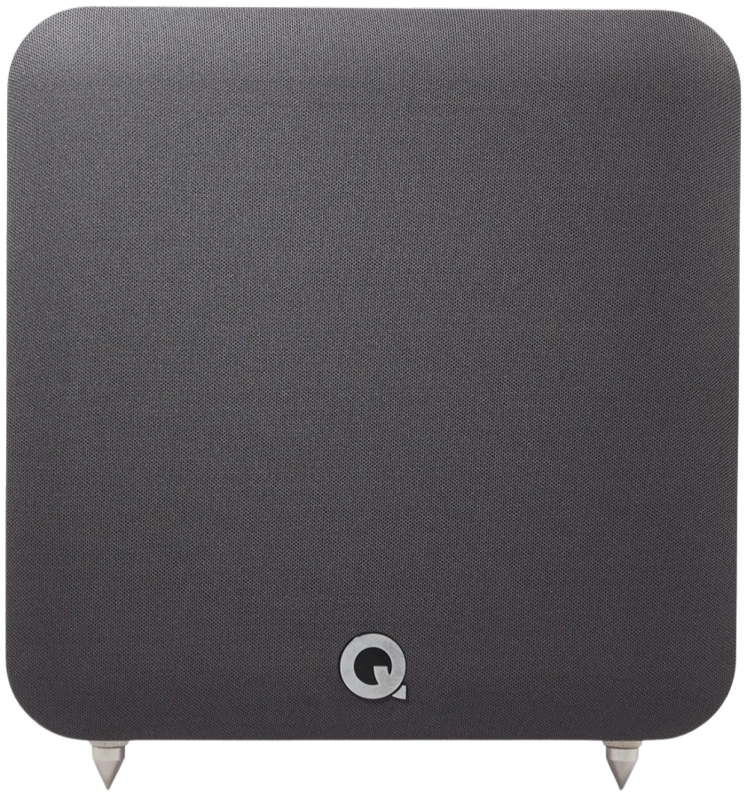 Q Acoustics Q SUB80 subwoofer with a sleek black enclosure and powerful driver, designed for deep bass in home audio systems.