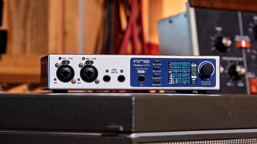 RME Fireface UCX II audio interface with multiple input and output ports, professional-grade audio equipment by RME.
