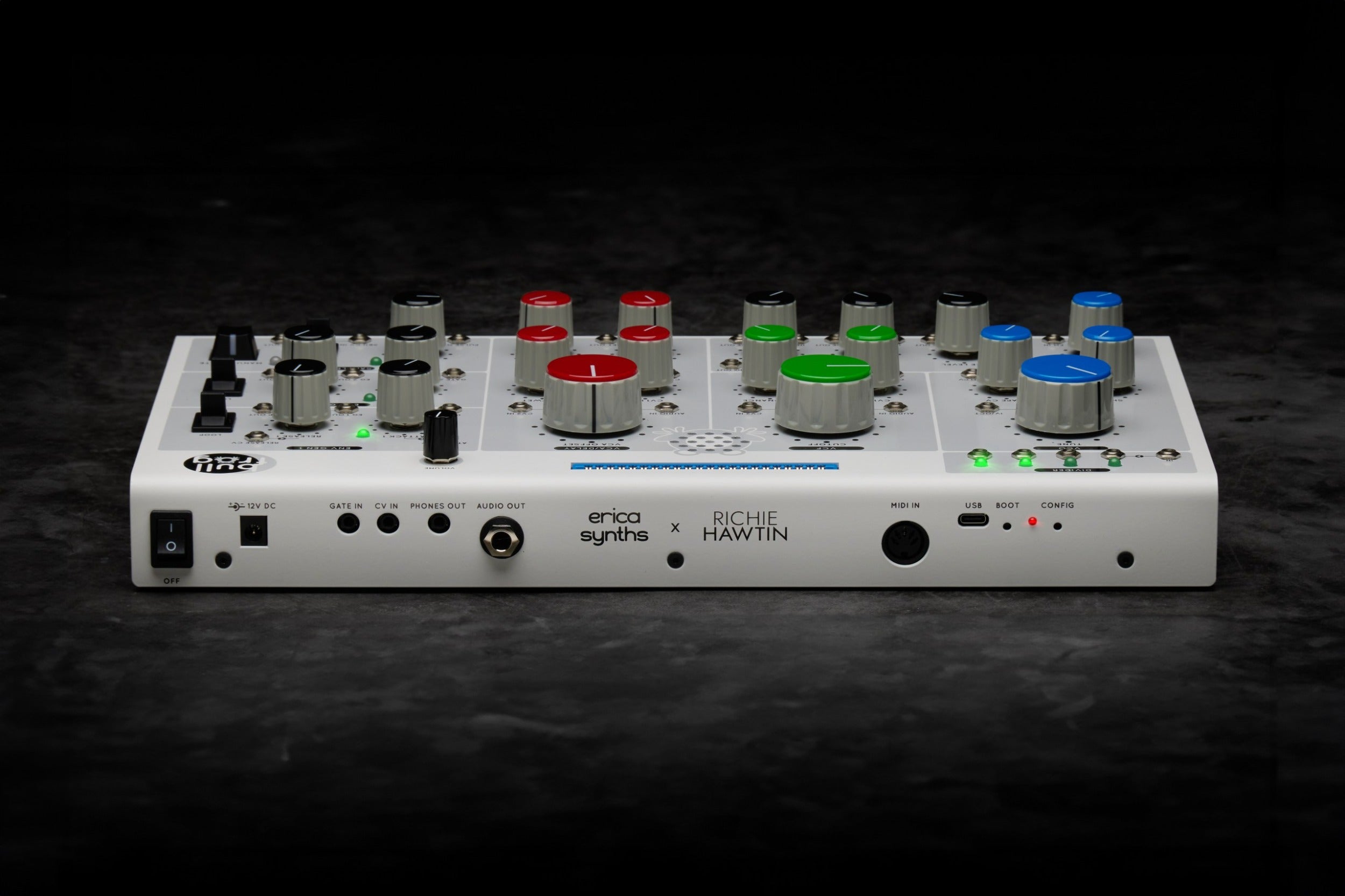 Erica Synths Bullfrog desktop synthesizer with knobs, buttons, and patch points on a dark panel for modular sound creation.