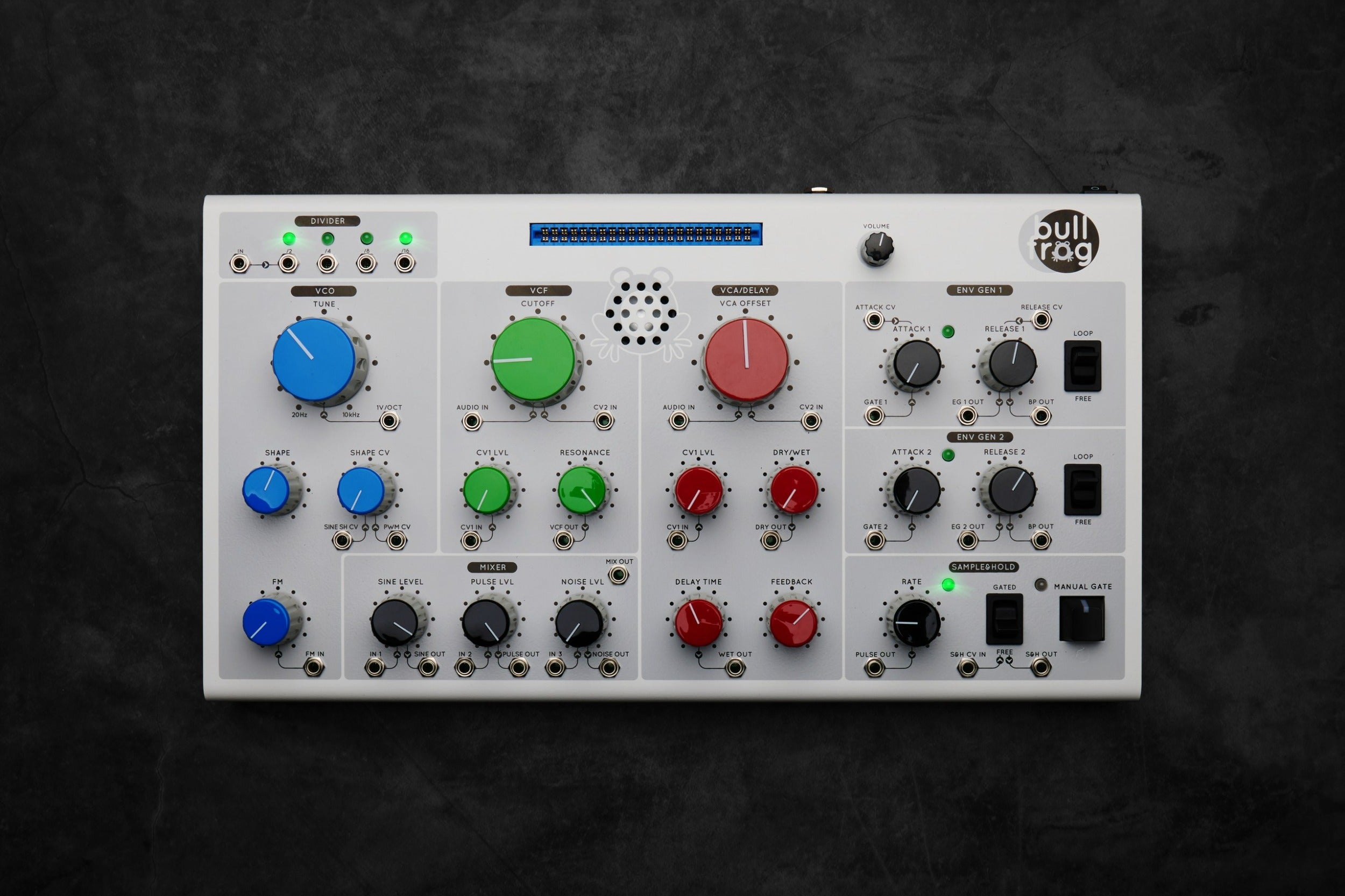 Erica Synths Bullfrog desktop synthesizer with knobs, switches, and patch points, showcasing its compact modular design.