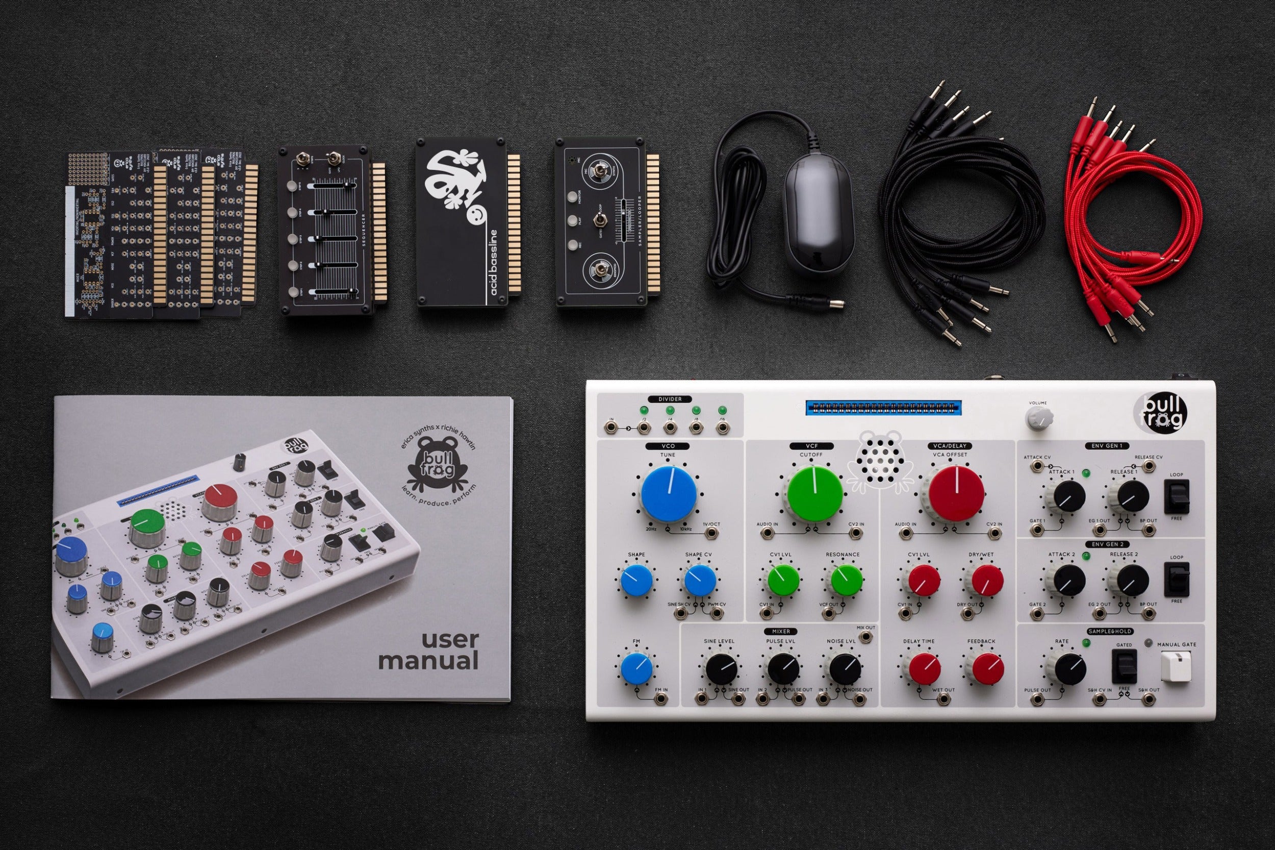 Erica Synths Bullfrog desktop synthesizer with multiple knobs, switches, and colorful modules on a black panel.