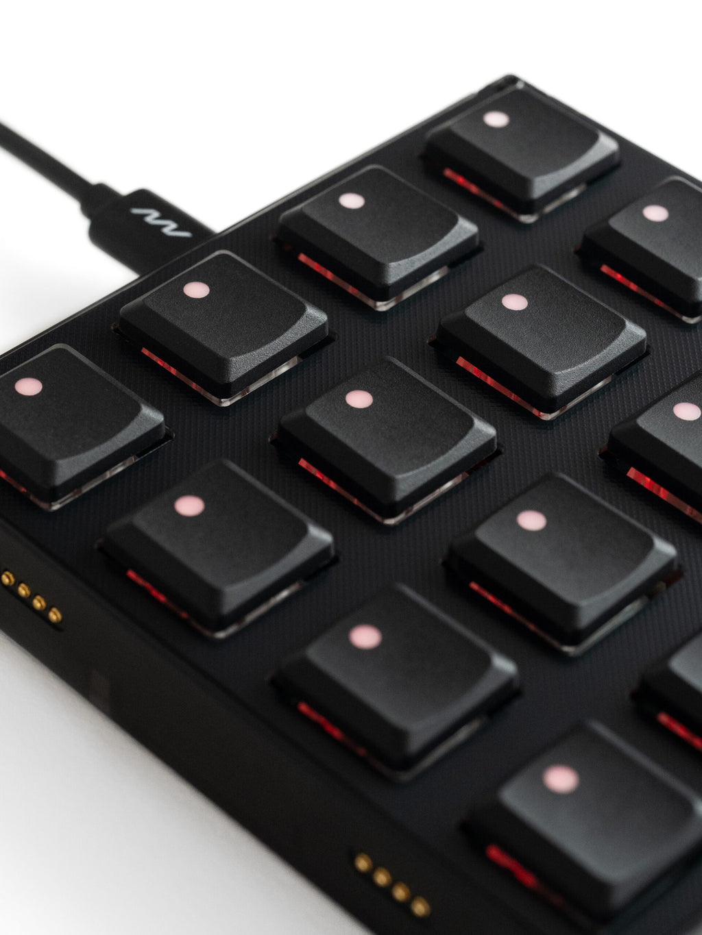 Close-up of Intech Studio BU16 Series 3 MIDI controller keyboard with keys and control knobs.