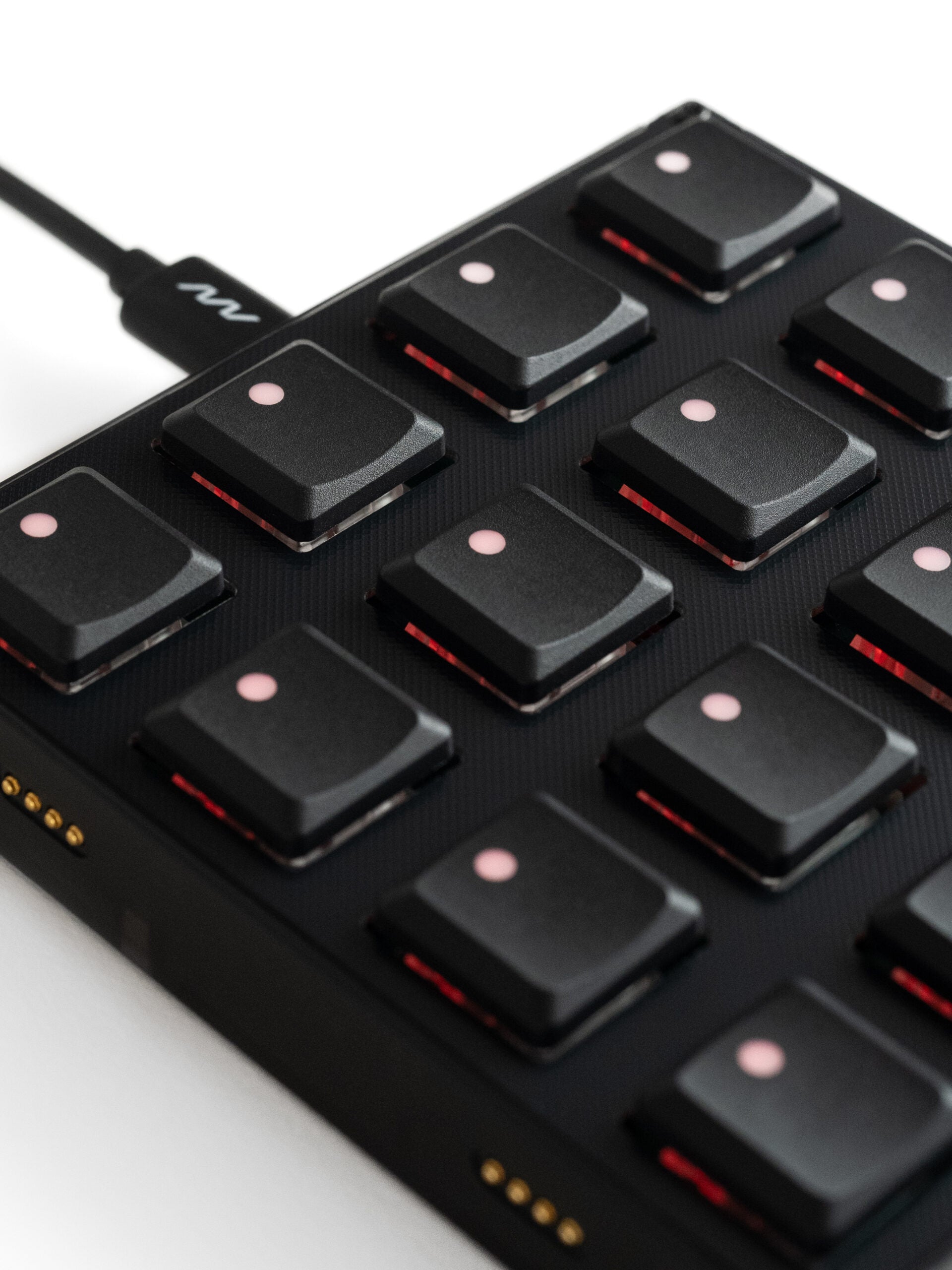 Close-up of Intech Studio BU16 Series 3 MIDI controller keyboard with keys and control knobs.