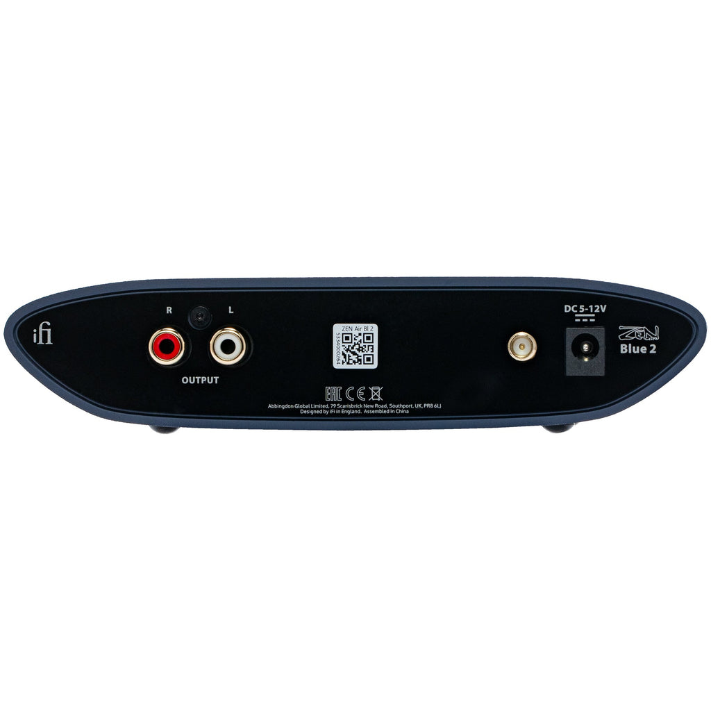 iFi Audio ZEN Air Blue 2 Bluetooth and Wi-Fi audio receiver with sleek design and digital display, connected to audio system.
