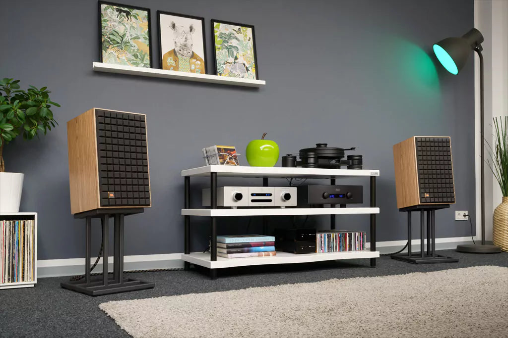 JBL L82 Classic MK2 passive bookshelf speakers with wood finish and sleek design, showcasing their elegant appearance and compact size.