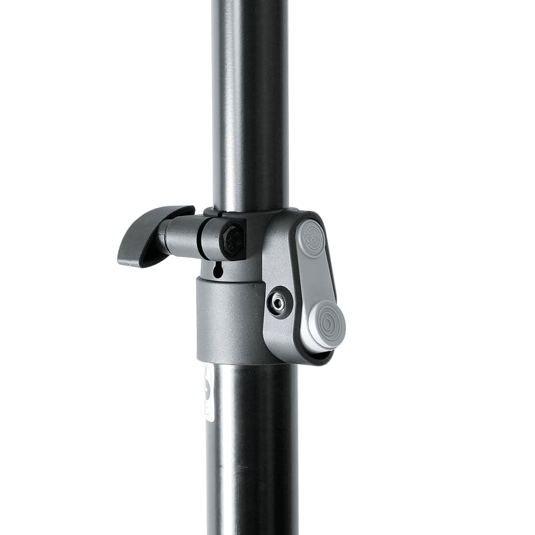 K&M 21436 PA speaker stand with adjustable height and sturdy tripod base, designed for professional audio setups.