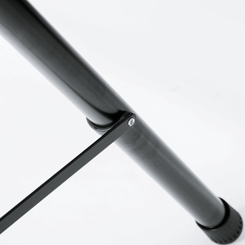 K&M 21436 PA speaker stands with adjustable height and sturdy metal construction for professional audio setup.