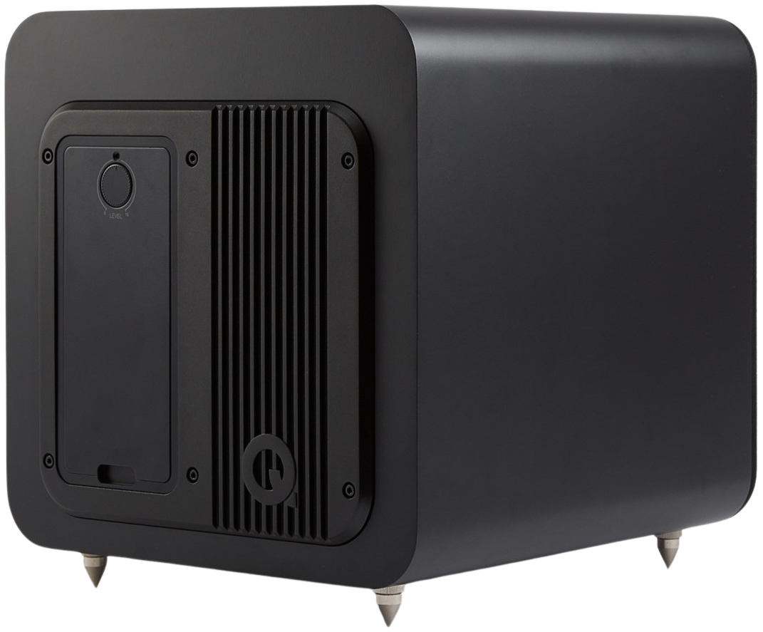 Q Acoustics Q SUB80 subwoofer with black enclosure and front-facing speaker driver, designed for deep bass in home audio systems.