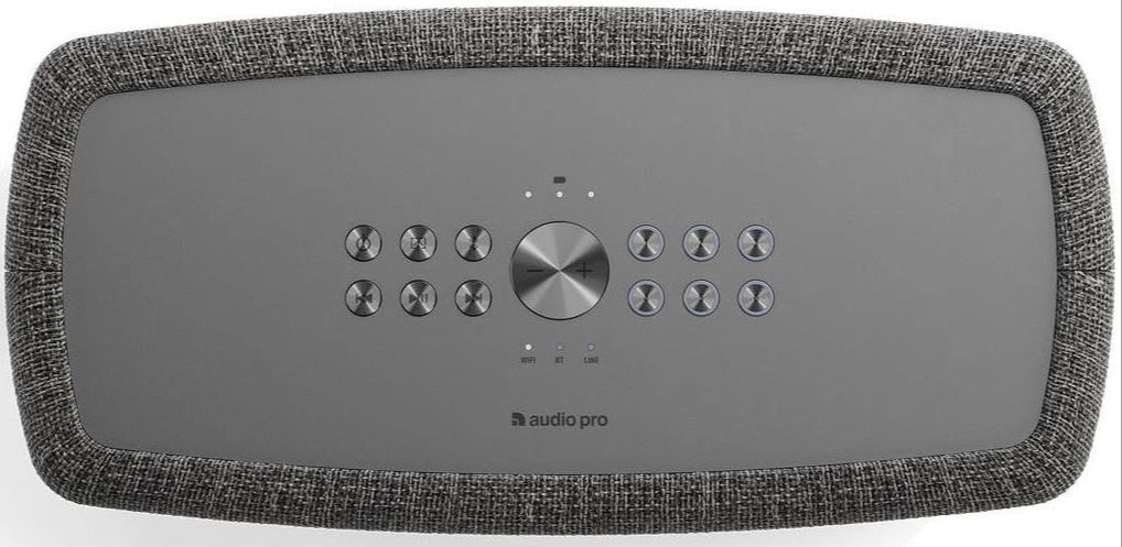 Portable Audio Pro A15 speaker with sleek black design and control buttons, ideal for high-quality sound on the go.