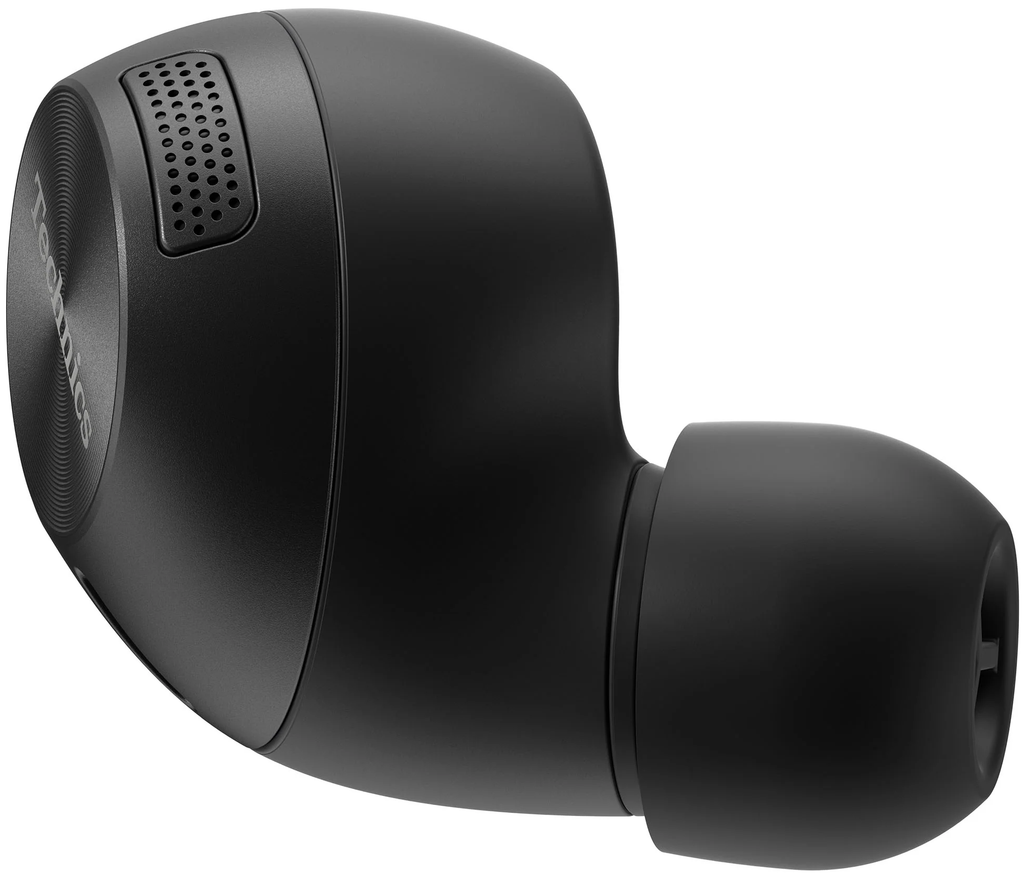 Wireless in-ear headphones by Technics EAH-AZ40M2 with black earbuds and inline controls on a white background.