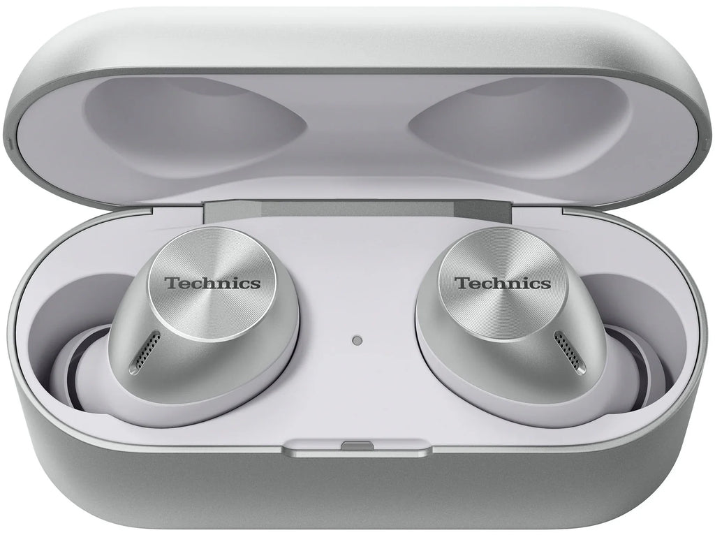 Technics EAH-AZ40M2 wireless in-ear headphones with sleek black design and compact earbuds on a white background.