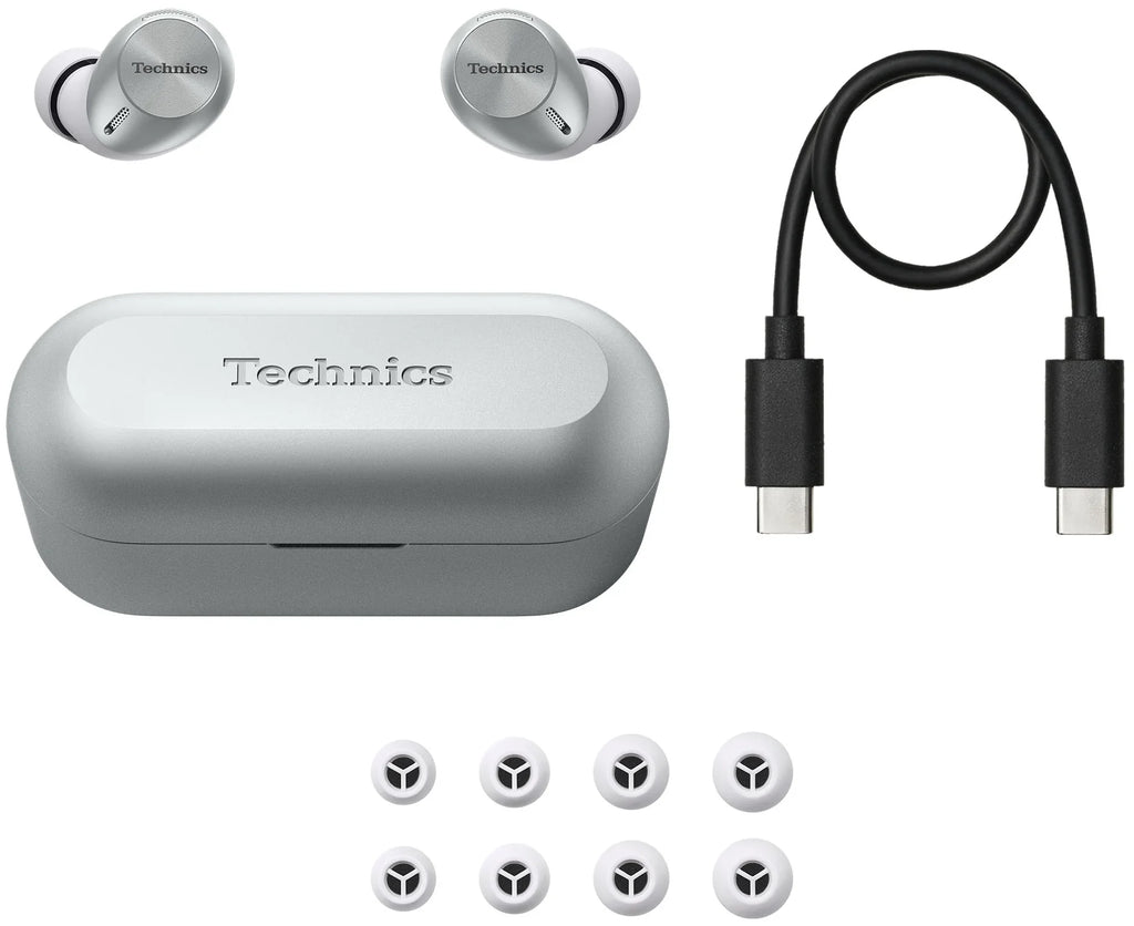 Technics EAH-AZ40M2 wireless in-ear headphones with black earbuds and sleek design, shown on a white background.