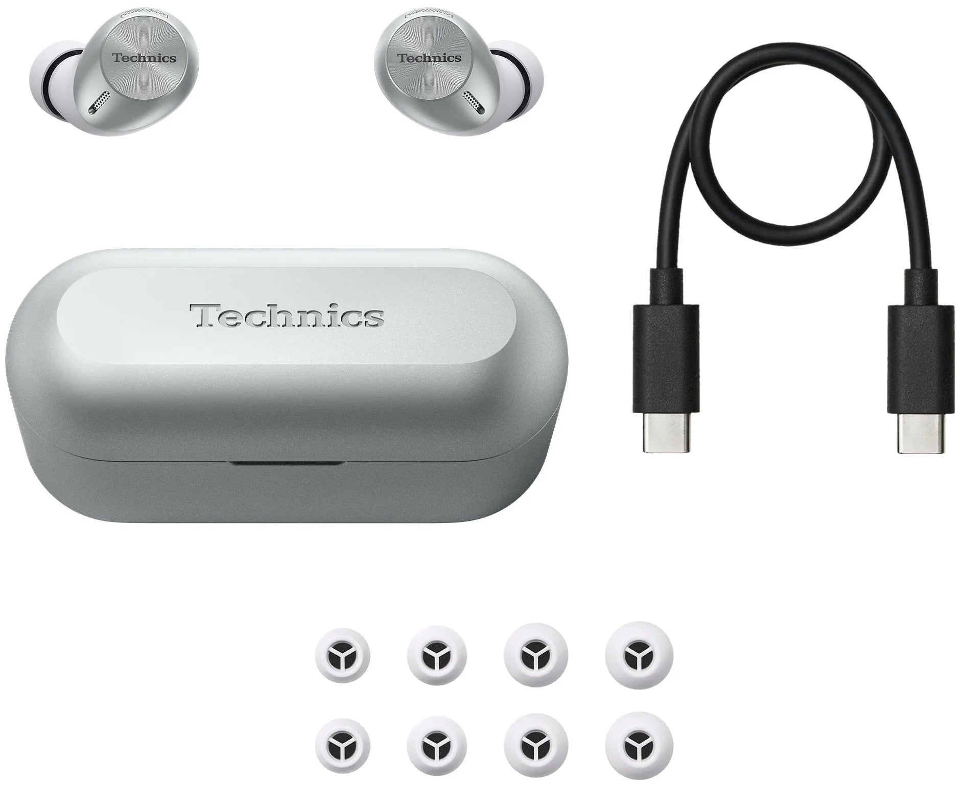 Technics EAH-AZ40M2 wireless in-ear headphones with black earbuds and sleek design, shown on a white background.