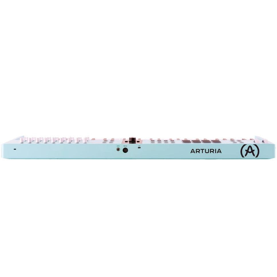 Arturia KeyLab Essential 61 MK3 MIDI keyboard with 61 keys, control knobs, and pad buttons for music production.