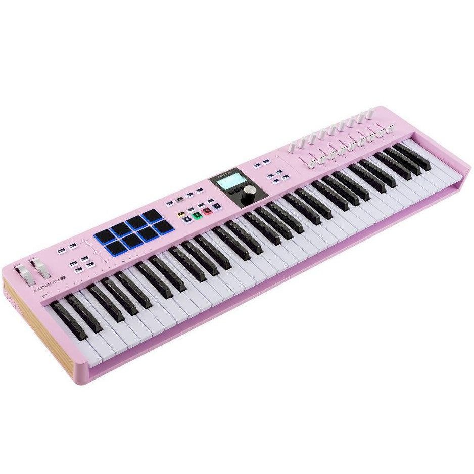 Arturia KeyLab Essential 61 MK3 MIDI keyboard with 61 keys, control knobs, and built-in pads for music production.