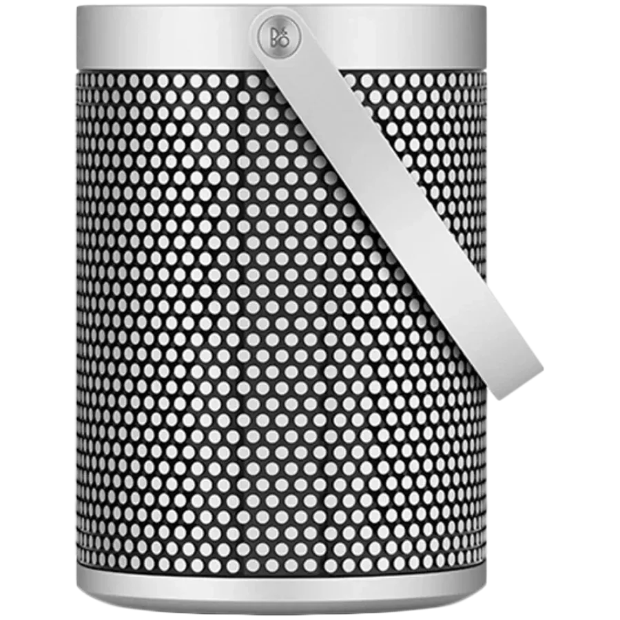 Bang & Olufsen Beosound A5 portable speaker with sleek design, featuring fabric covering and control buttons on the top.