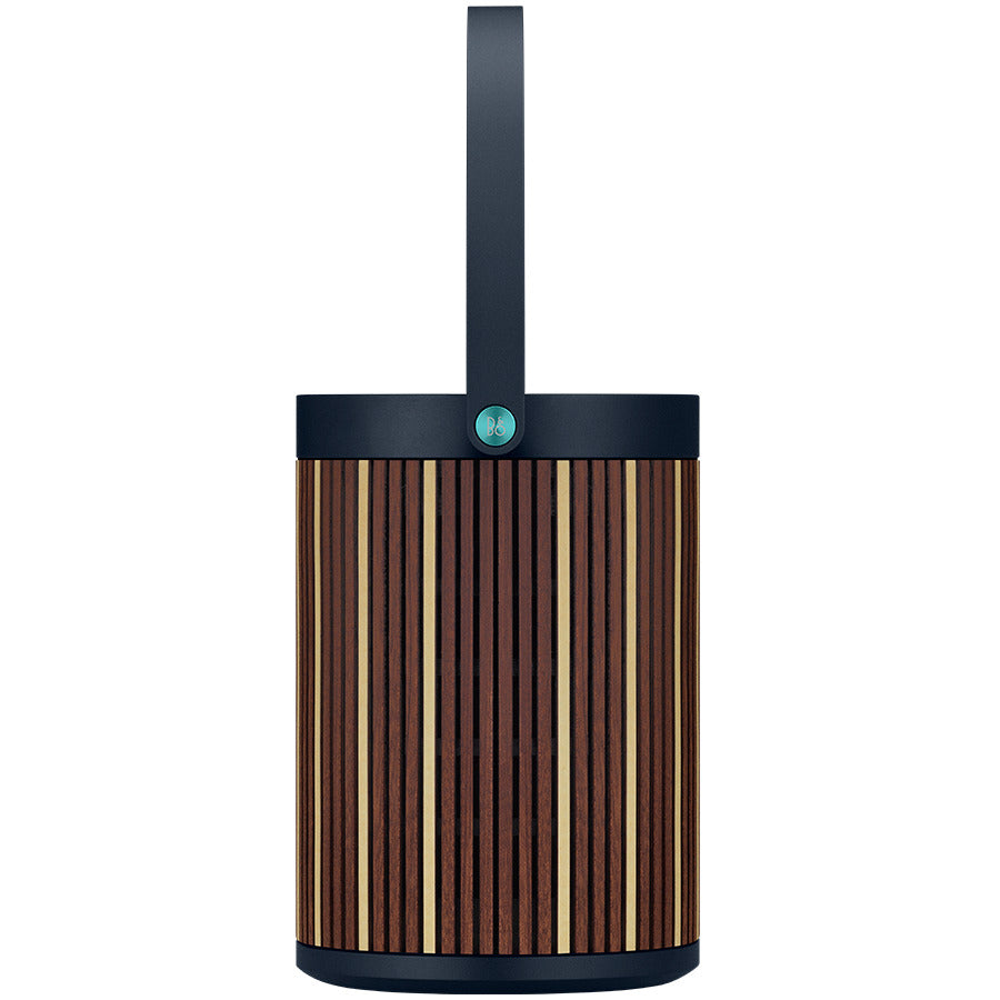 Bang & Olufsen Beosound A5 Riva Edition portable speaker with sleek design and fabric covering, shown from the front angle.