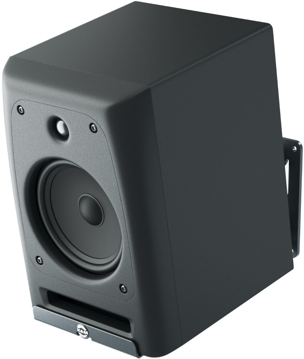 K&M 24166 speaker wall mount for studio monitor stands, showing detailed metal bracket and mounting hardware.