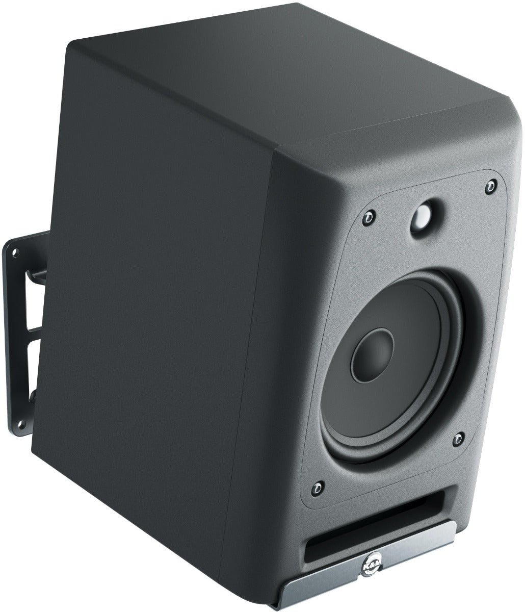 K&M 24166 Studio Monitor Wall Mount Stand in black, designed for secure placement of studio monitors on walls