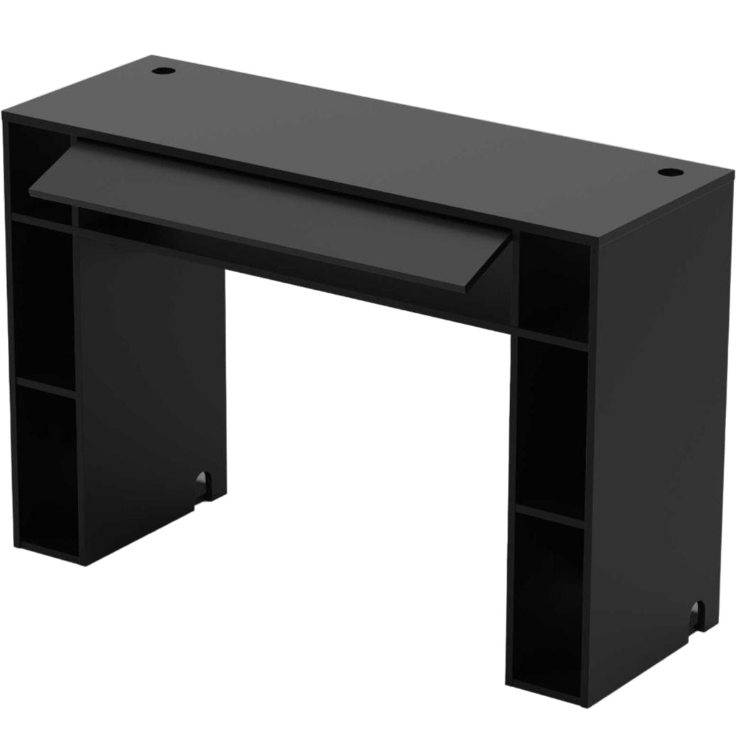 Glorious Modular Mix Station DJ table with sturdy black metal frame and wooden surface, ideal for professional DJ setups.