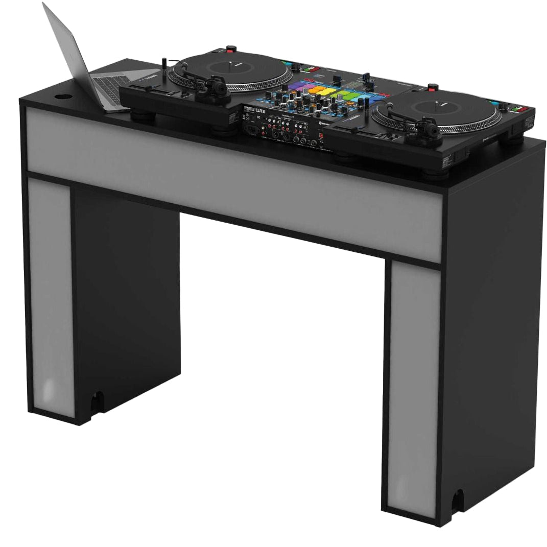 Glorious Modular Mix Station DJ table with sleek design, adjustable components, and sturdy construction for music mixing setups.