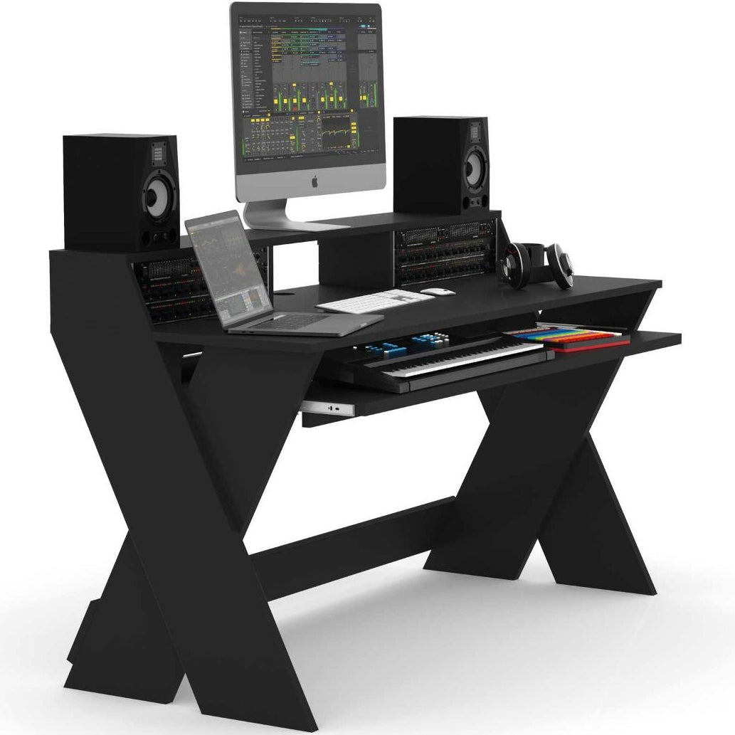 Glorious Sound Desk Pro studio furniture with sleek black finish and spacious surface for music production setup.