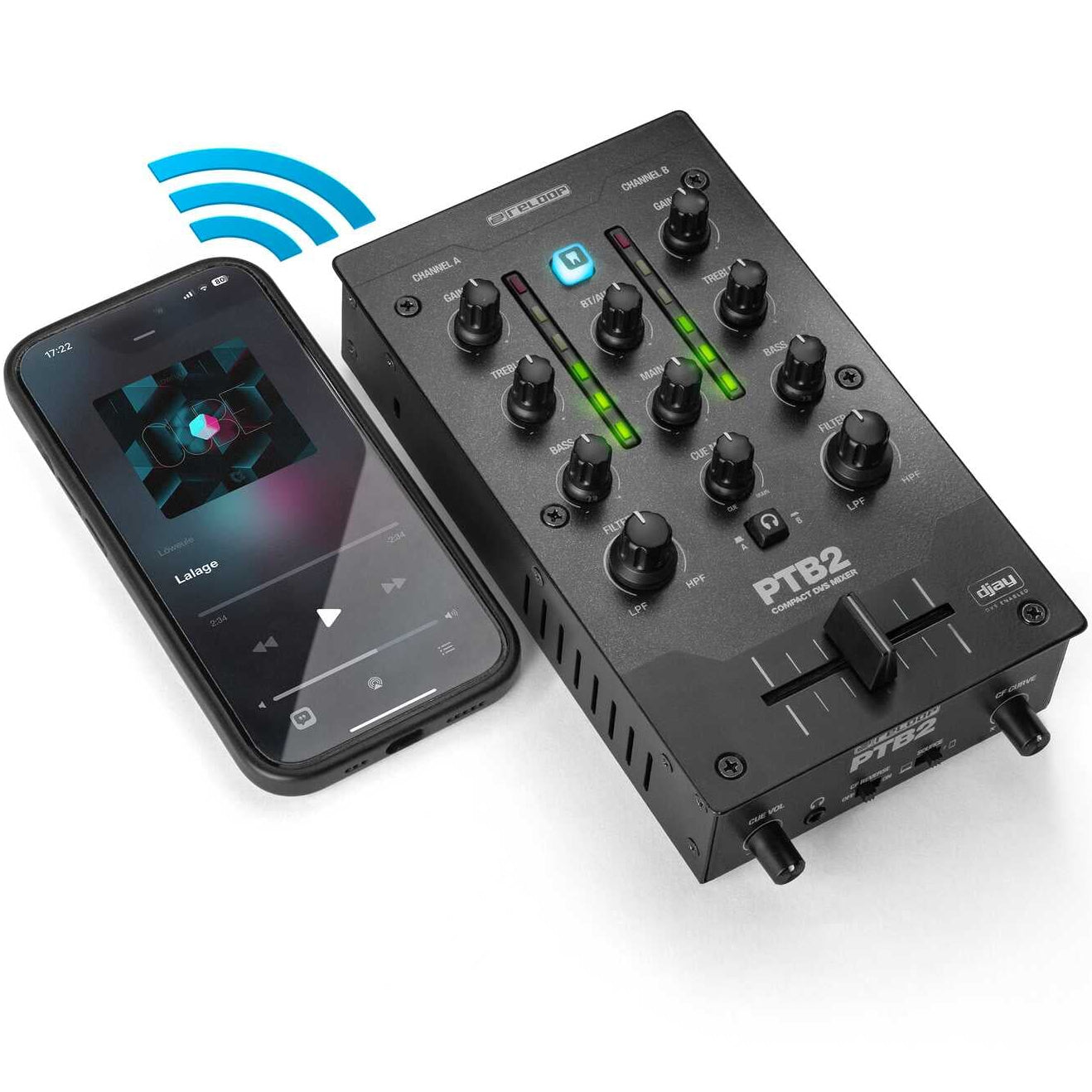 Reloop PTB-2 DJ mixer with multiple knobs and faders, professional-grade audio equipment for mixing and DJing.