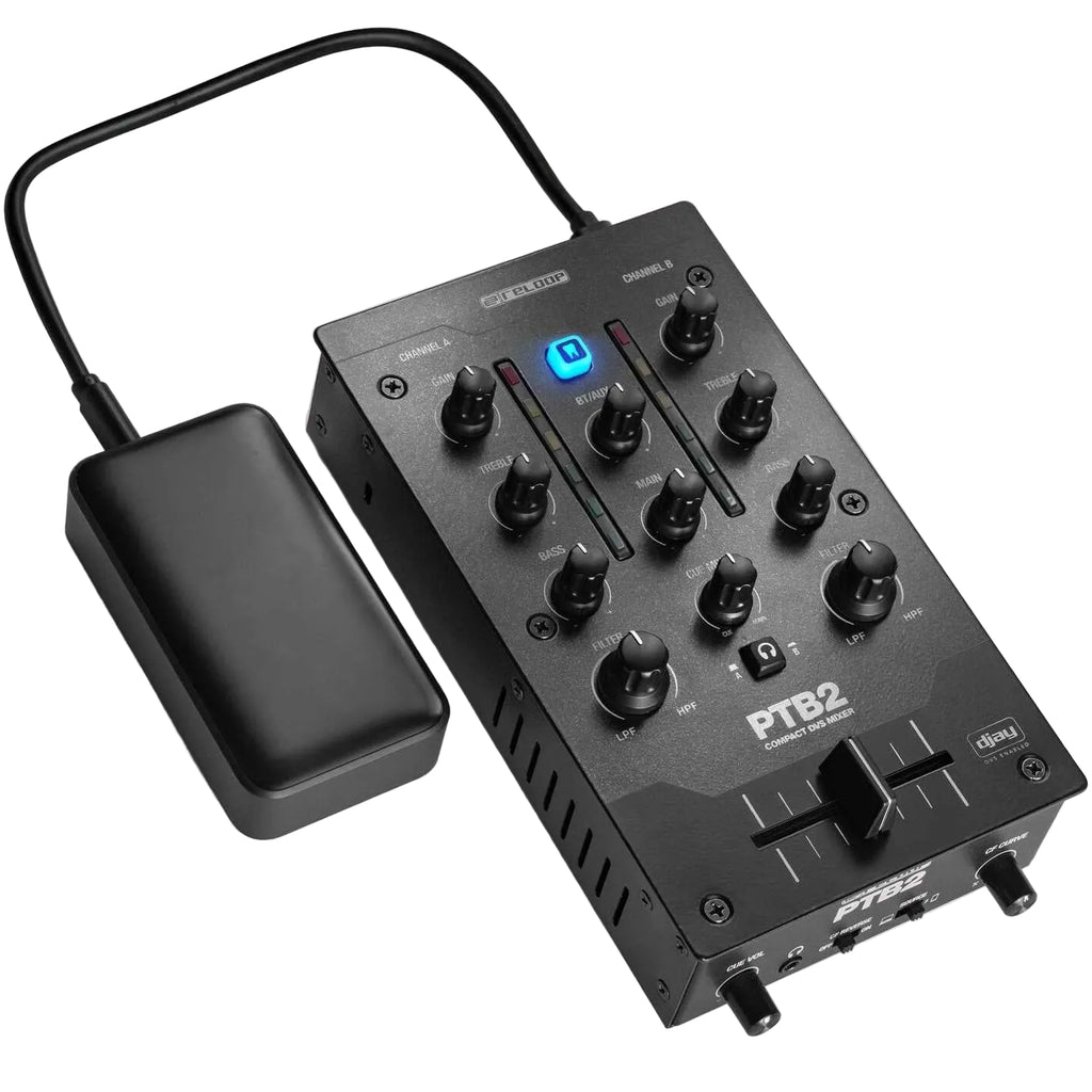 Reloop PTB-2 DJ mixer with multiple knobs and faders, professional audio equipment for DJ setups.