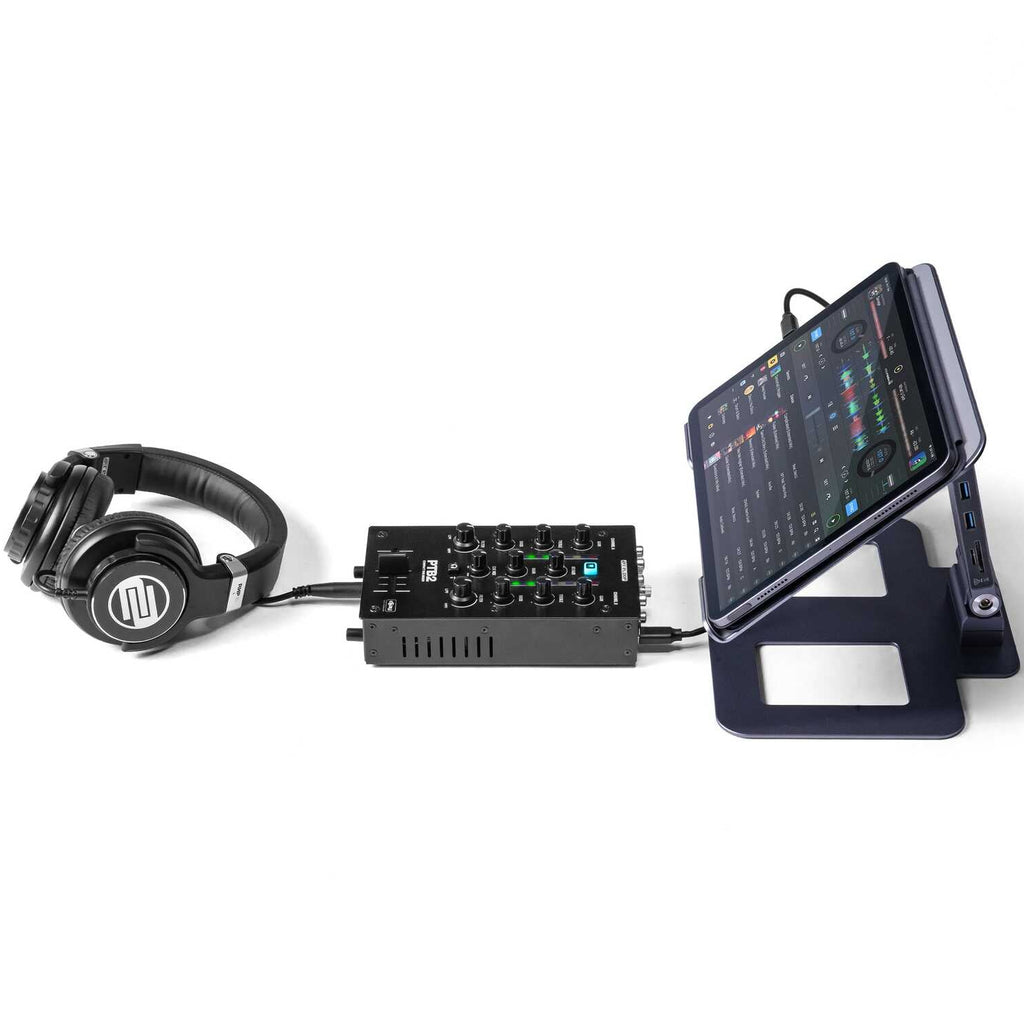 Reloop PTB-2 DJ mixer with multiple knobs and sliders, professional audio equipment for DJing and music mixing.