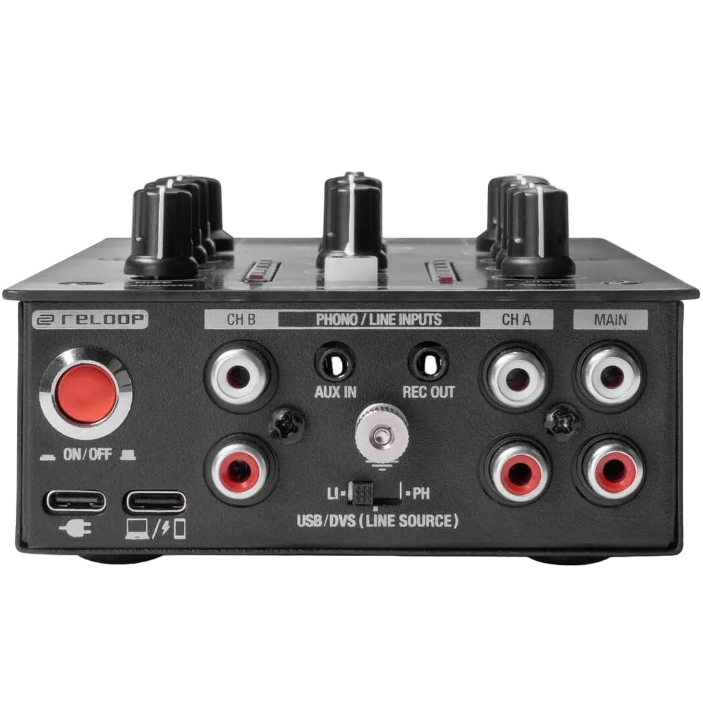Reloop PTB-2 DJ mixer with multiple knobs and faders, professional-grade audio equipment for mixing and sound control