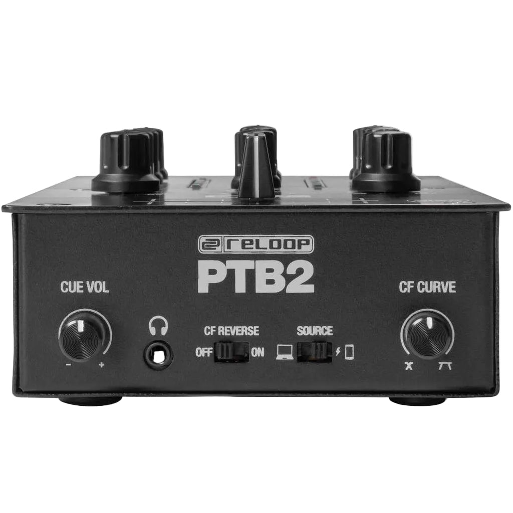 Reloop PTB-2 DJ mixer with multiple control knobs and sliders, professional audio equipment for DJs.