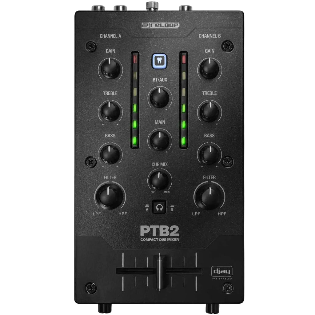 Reloop PTB-2 DJ mixer with multiple knobs, sliders, and input/output ports, designed for professional DJ mixing.