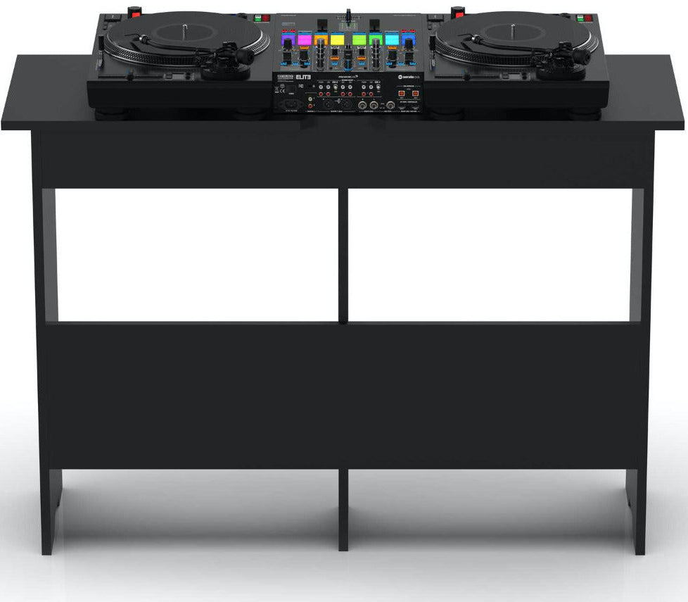 Glorious Mix Station 2 DJ table with a sleek black finish, sturdy design, and ample workspace for music production and DJing.