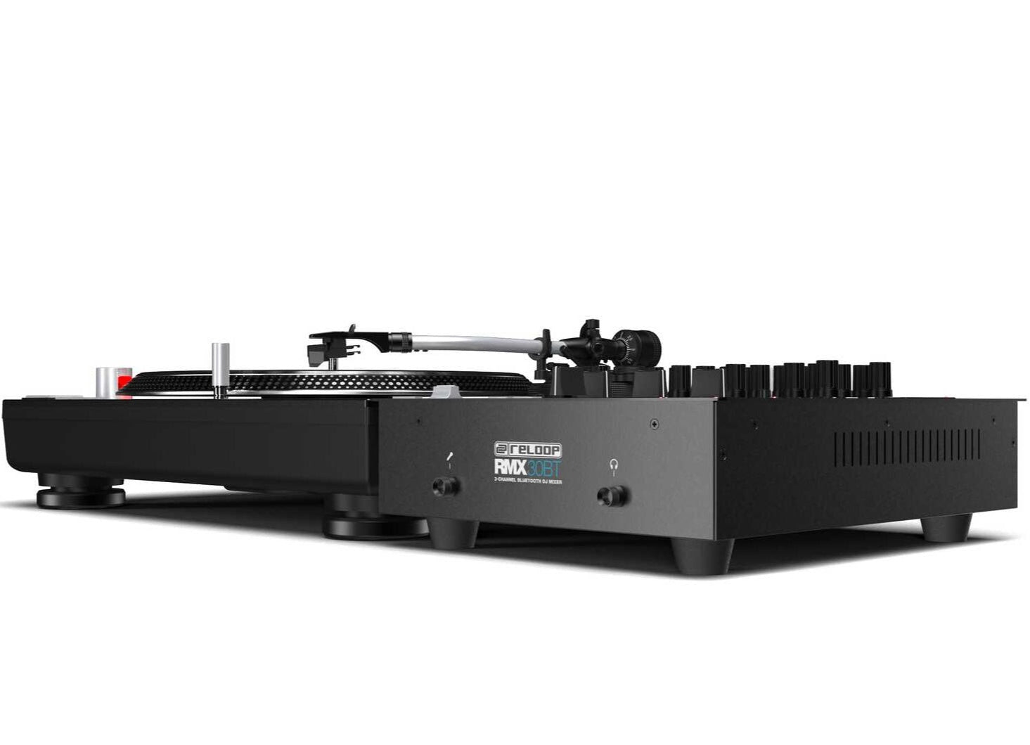 Reloop RMX-30 BT DJ mixer with dual channels, knobs, and Bluetooth connectivity, shown in a professional DJ setup.