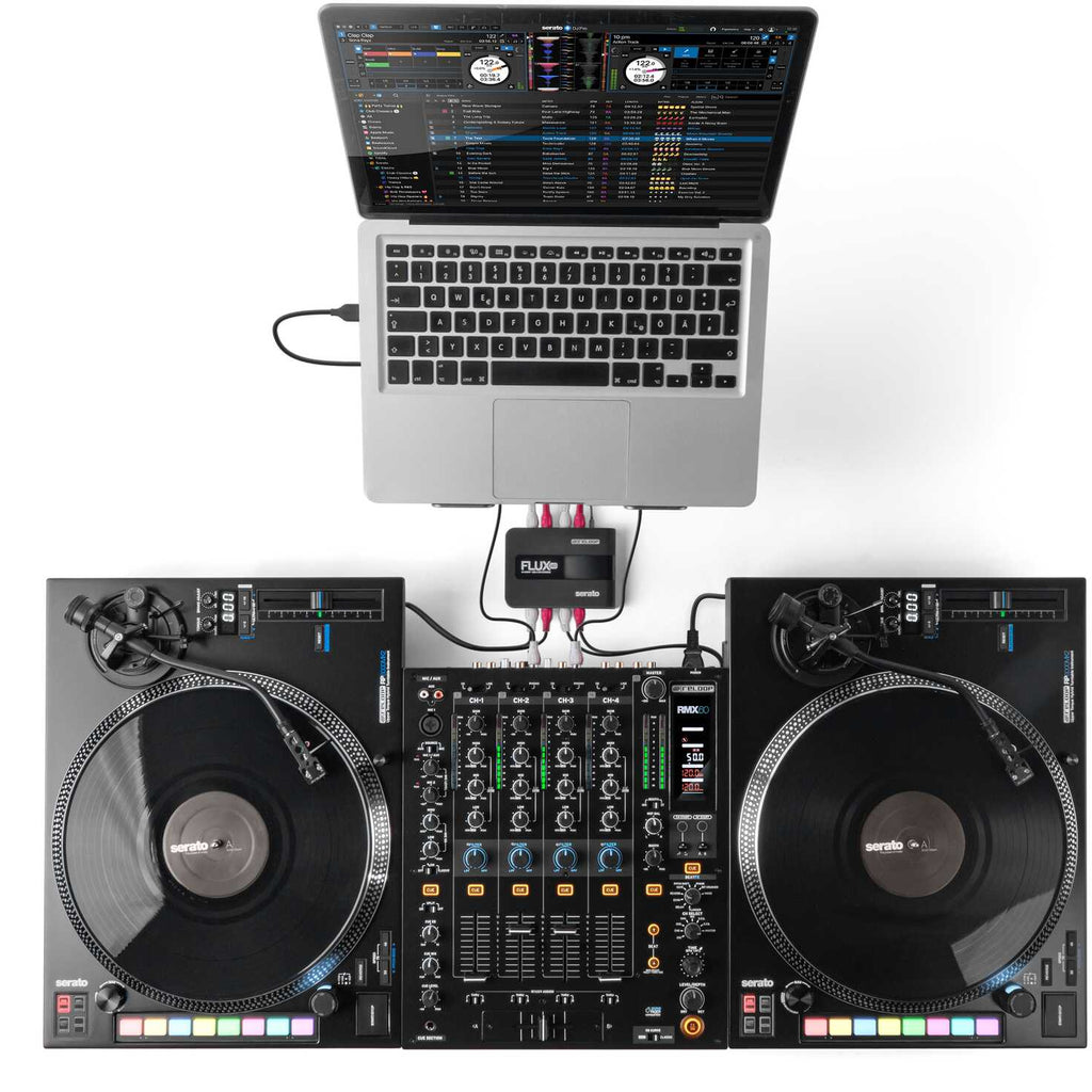 Reloop Flux Go USB audio interface with multiple input and output ports, compact design, and professional audio controls.