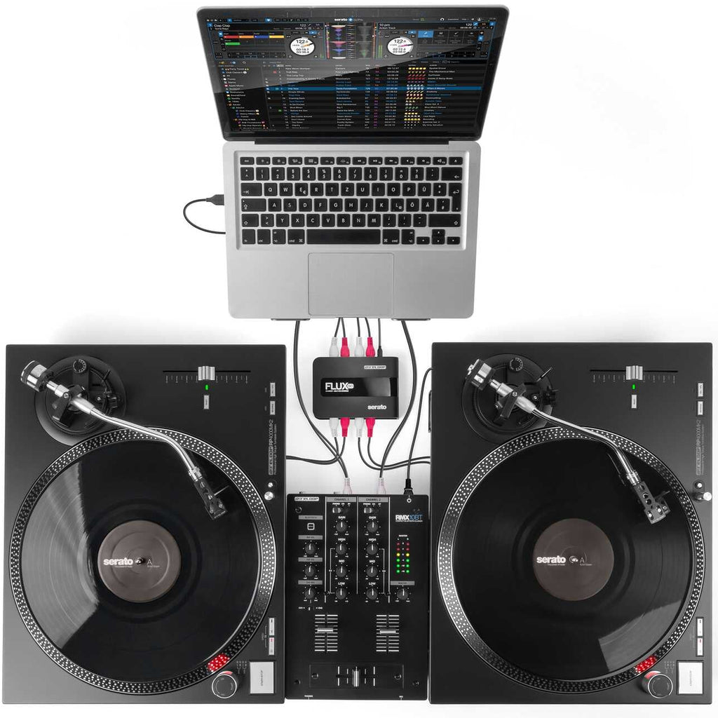 Reloop Flux Go USB audio interface with multiple input and output ports, compact design, and control knobs for music production.