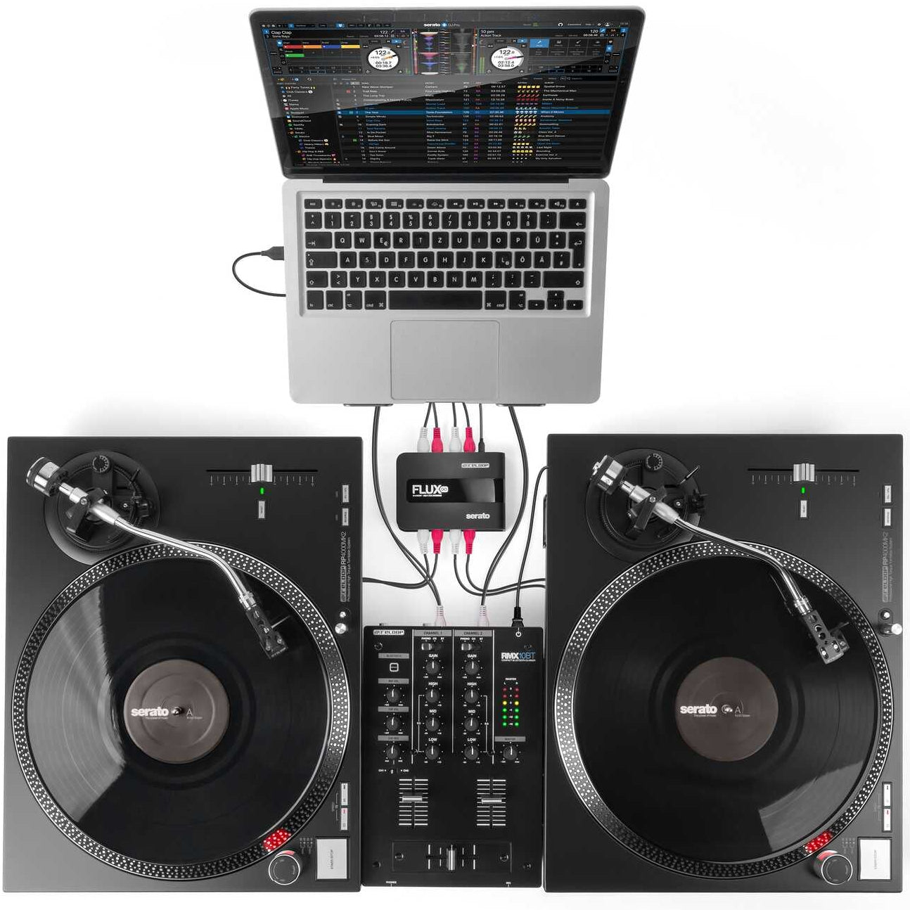 Reloop Flux Go USB audio interface with multiple input and output ports, compact design, and control knobs for music production.