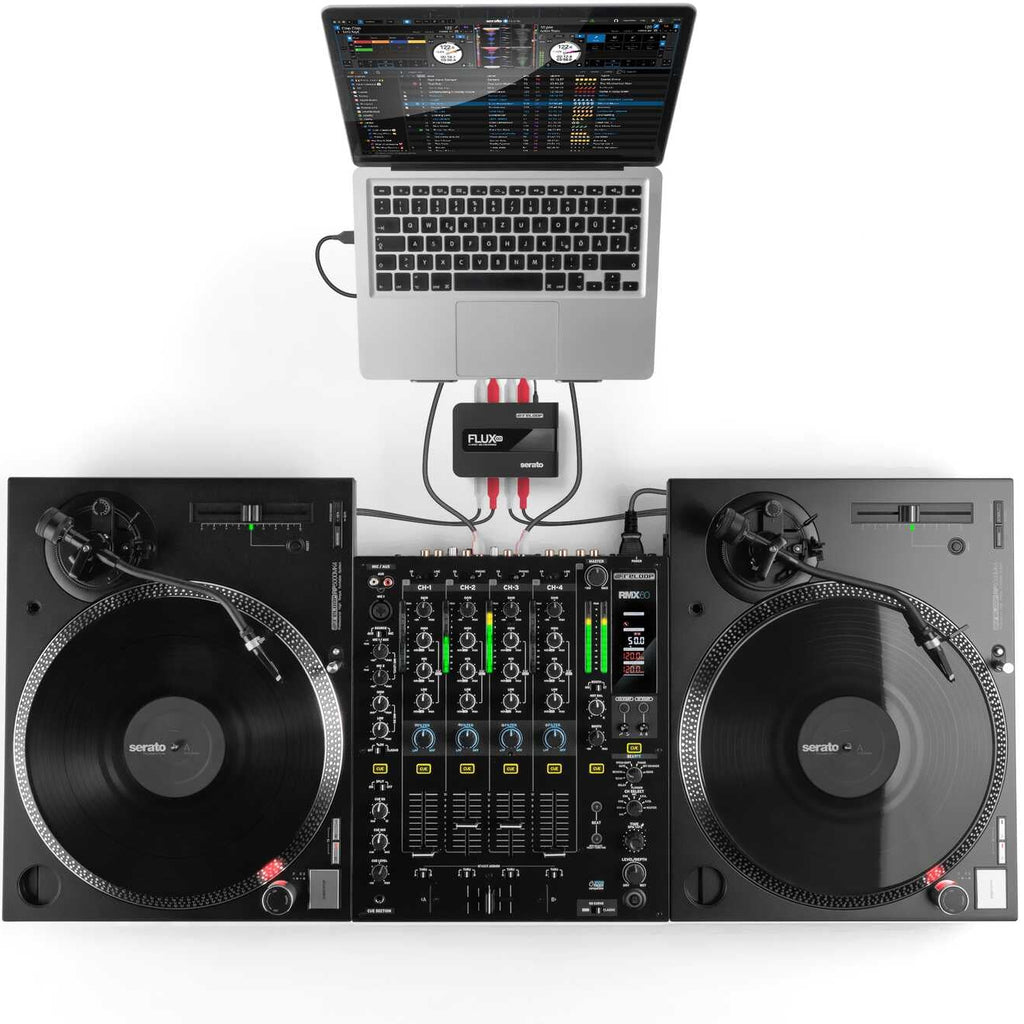 Reloop Flux Go USB audio interface with multiple input and output ports, compact design, and professional controls.